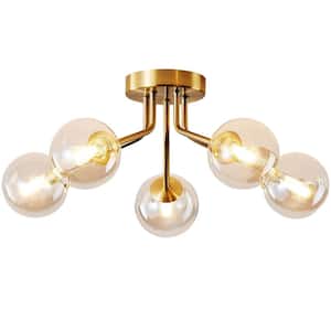23.6 in. 5-Light Modern Gold Semi-Flush Mount Ceiling Light with Glass Shade for Dining Room Bedroom