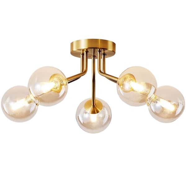 OUKANING 23.6 in. 5-Light Modern Gold Semi-Flush Mount Ceiling Light with Glass Shade for Dining Room Bedroom