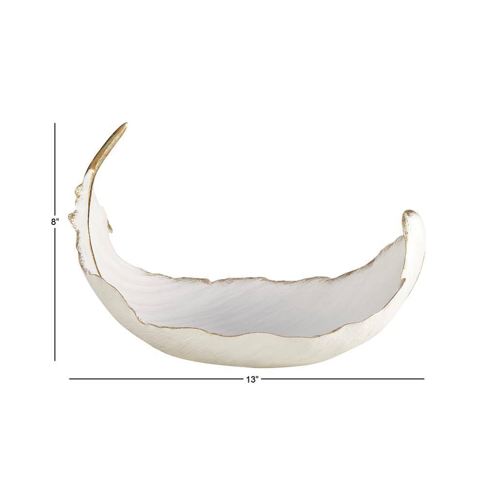 Elegant Oval White and Gold Polystone Feather Decorative Bowl