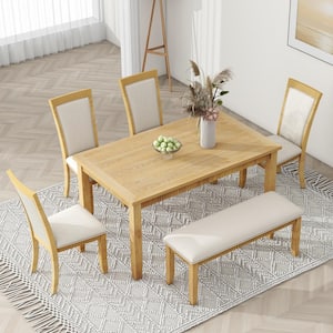 Rustic 6-Piece Natural Wood Wash and Beige Wood Rectangle Dining Set with PU Leather Upholstered Chairs and Bench