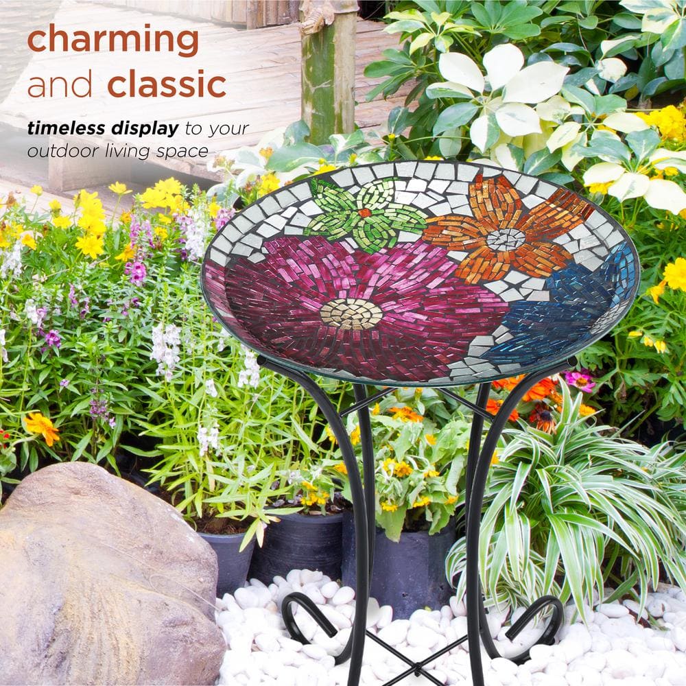 Alpine 18" Multicolor Mosaic Glass Bird Bath with Stand