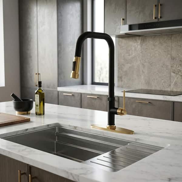 Single Handle Pull Down Sprayer Kitchen Faucet with 2-Mode Sprayer in Gold and Black