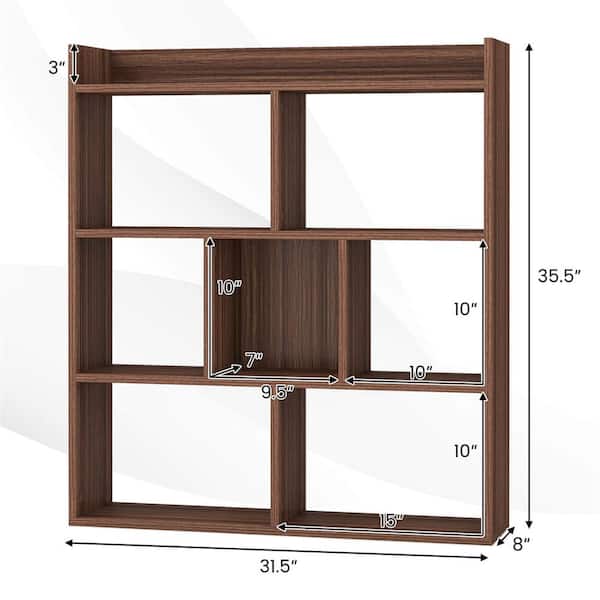 Costway 35.5 in. Tall Walnut Engineered Wood 6-Shelf Open Bookcase