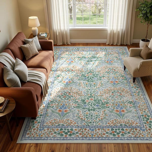 Boho Floral Botanical Washable Non Slip Light Green 5 ft. x 7 ft. Area Rug