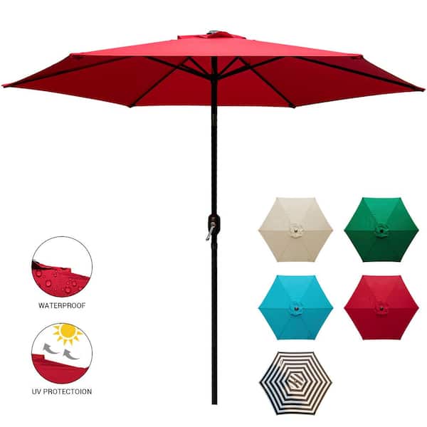 Laurel Canyon 9 Ft Market Table Patio Umbrella With Push Button Tilt And Crank In Red Hd96r The Home Depot