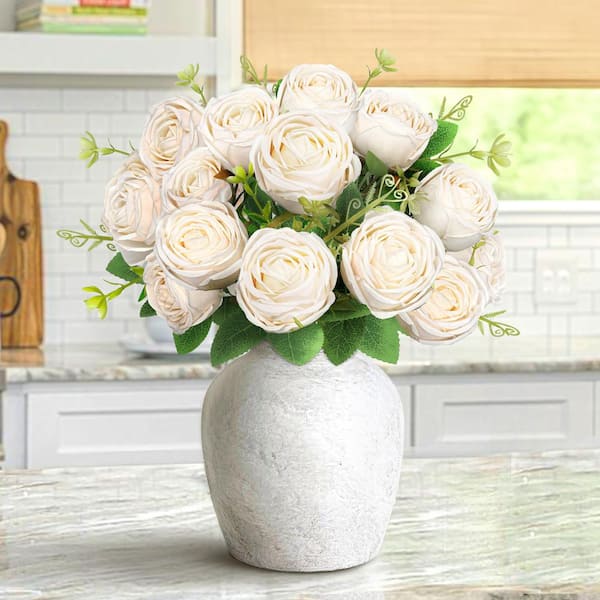 17 in. Ivory Artificial Vintage Cabbage Rose Flower Stem Bush Bouquet (Set of 2)