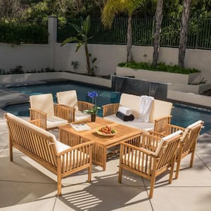 Brown 8-Piece Wood Patio Conversation Set with Beige Cushions and Coffee Table