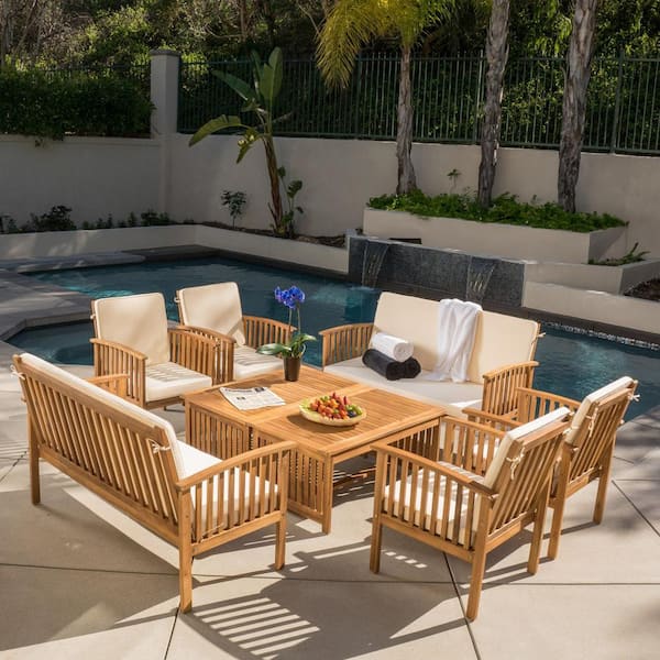 Unbranded Brown 8-Piece Wood Patio Conversation Set with Beige Cushions and Coffee Table