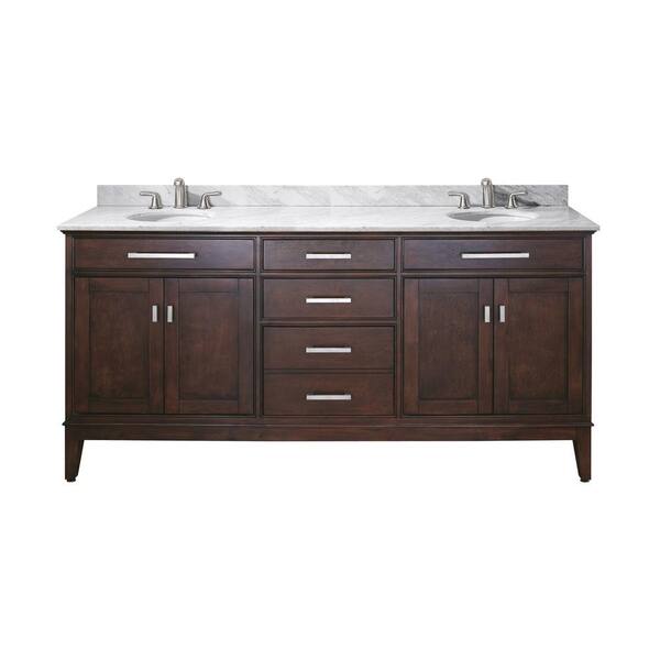 Avanity Madison 73 in. W x 22 in. D x 35 in. H Vanity in Light Espresso with Marble Vanity Top in Carrera White and Basins