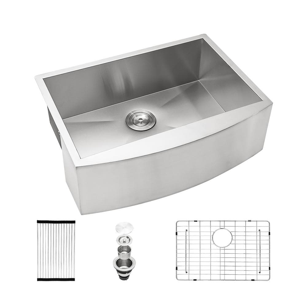 24 in Farmhouse/Apron-Front Single Bowl 18 Gauge Stainless Steel Kitchen Sink with Basket Strainer in Brushed Nickel
