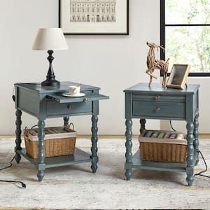 Jim Blue Traditional 26 in. Tall Solid Wood End Table with USB Set of 2