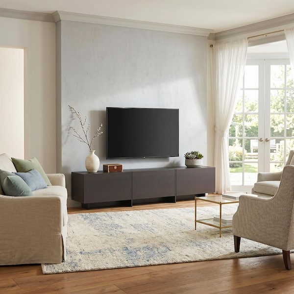 Brown and Black Wooden TV Console Table, TV Stand, Entertainment Center Fits TV's up to 75 in. with 3-Doors, 3-Shelves