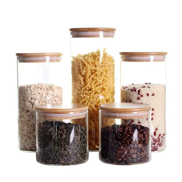 5-Piece Clear Glass Kitchen Canister Set with Airtight Bamboo Lids for Rice Sugar Flour Storage, Pantry and Countertop