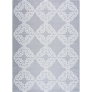 Marrakech Gray White 8 ft. x 10 ft. Reversible Recycled Plastic Indoor/Outdoor Area Rug-Floor Mat