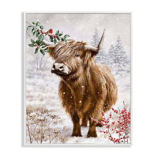 Stupell Industries Cattle with Winter Berries by Ian Saxton 1 Piece Framed Graphic Print Animal Poster Art Print 20 in. x 16 in.