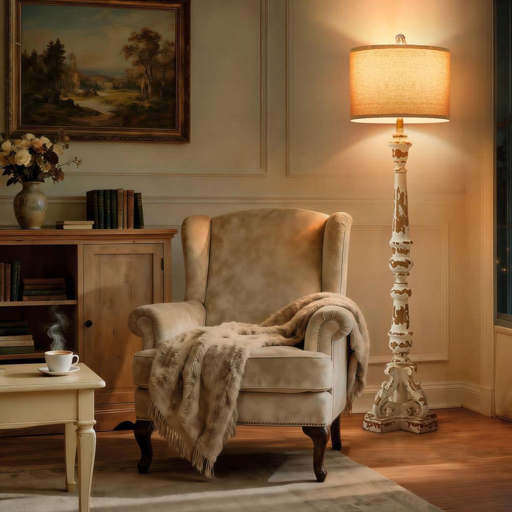 "62.75"" Distressed White Farmhouse Resin Standard Floor Lamp, Rustic Vintage Standing Lamp for Living Room Bedroom." price history on PriceWatchPro