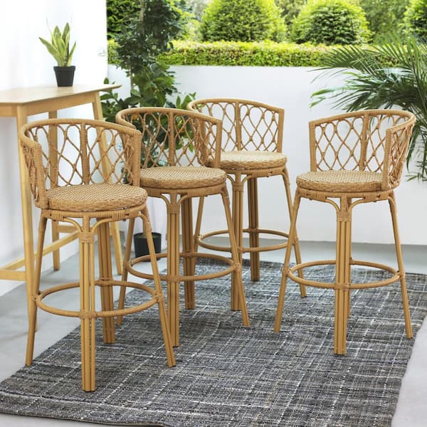 Noble House Cressi 28.75 in. Seat Height Metal and Rattan Frame Light Brown Outdoor BarStool (4-Pack)