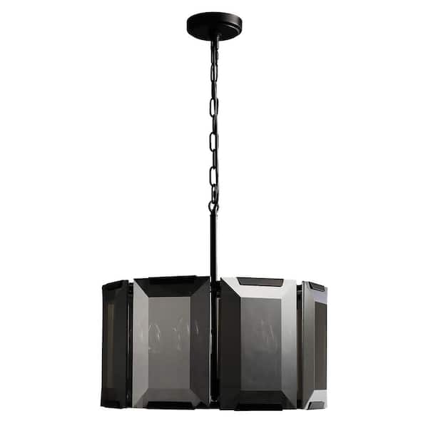 PAUMAN 19 in. 5-Light Black Modern Lantern Drum Crystal Chandelier with Anthracite Gray Crystal Shade