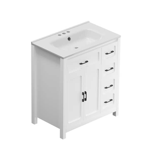 Simple Project 18.3 in. D x 30 in. W x 34 in. H Single Sink Bath Vanity in White with White Engineered Marble Top