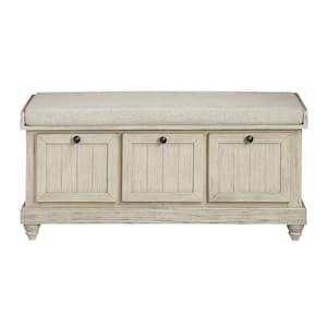 Lorain Beige Fabric/Distressed White Wood Finish Lift Top Storage Bench 42.5 in.