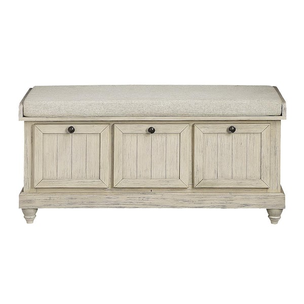 Homelegance Lorain Beige Fabric/Distressed White Wood Finish Lift Top Storage Bench 42.5 in.