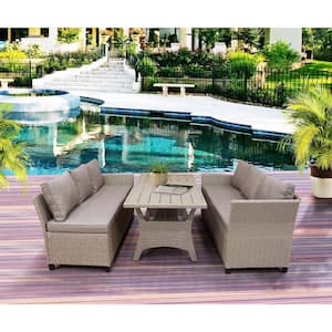 Brown 3-Piece Wicker Metal Fabric Wood Outdoor Sectional Set with Brown Cushions