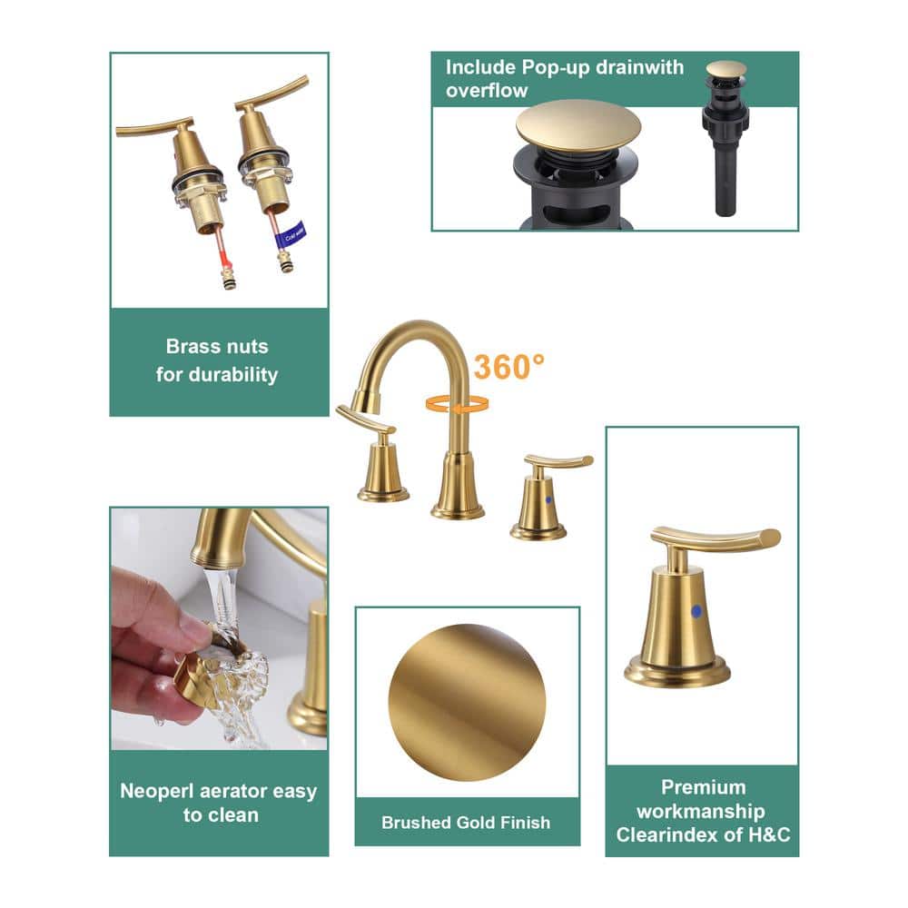 Brushed Gold Double Handle High Arc Widespread Bathroom Faucet