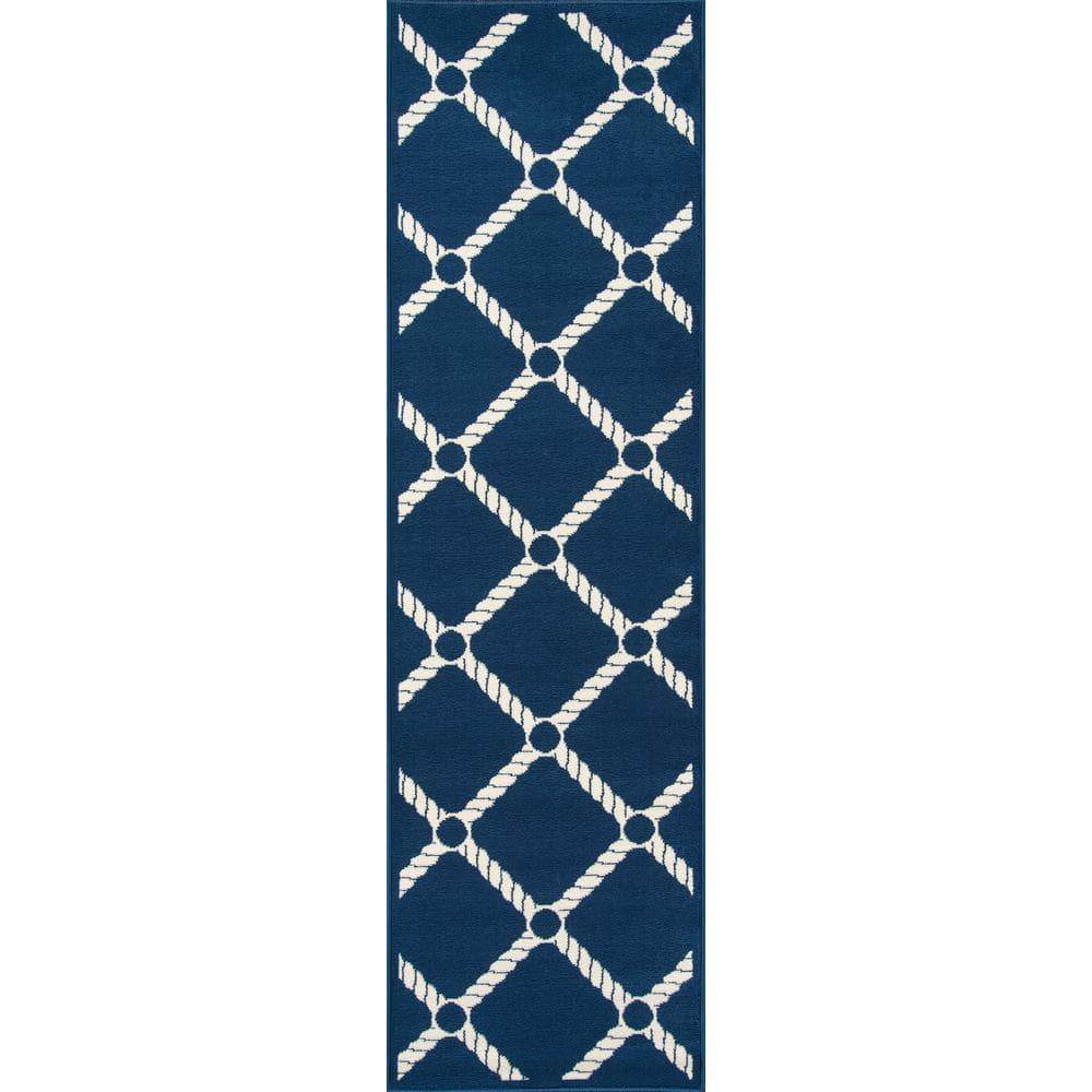 Nautical Navy Synthetic 2'3" x 7'6" Easy-Care Runner Rug