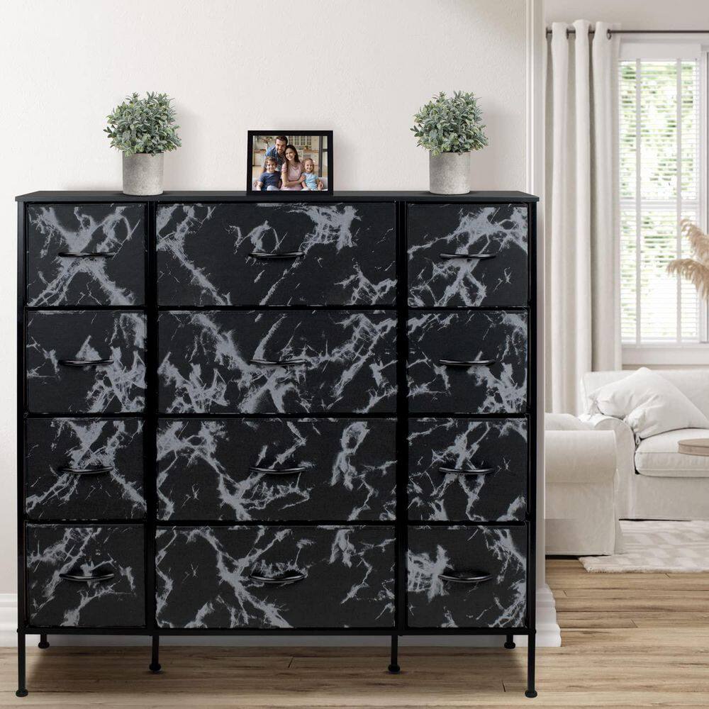 Sleek Black Marble 12-Drawer Vertical Nursery Dresser with Soft Close