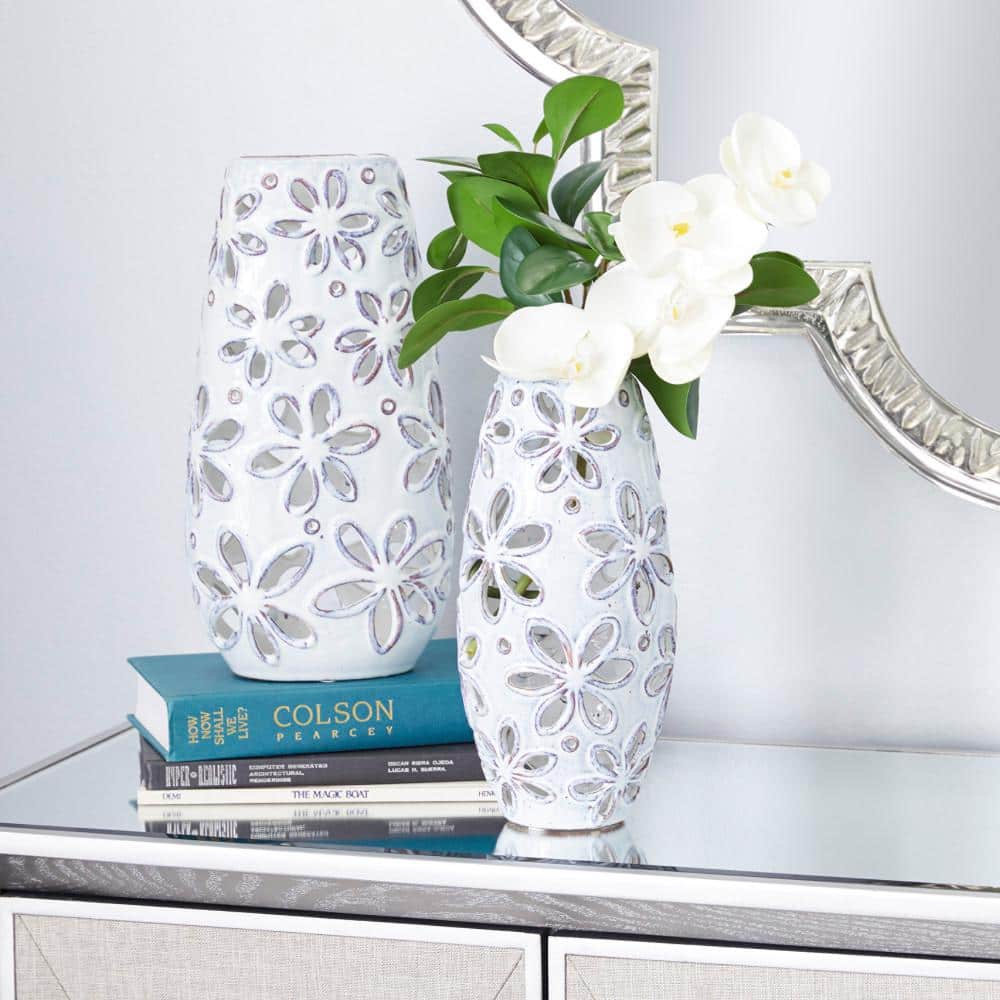 Charming Daisy Cut-Out 13.5" White Ceramic Table Vase Set