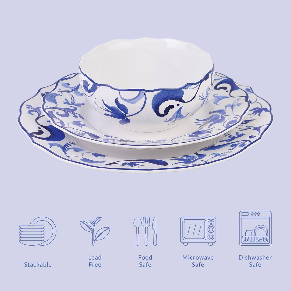 Ayla Blue and White Floral Porcelain 12-Piece Dinnerware Set