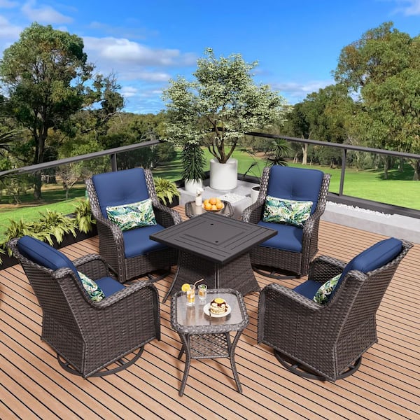 JOYSIDE 6-Piece Wicker Patio Conversation Set with All-Weather Swivel Rocking Chairs Blue Cushions