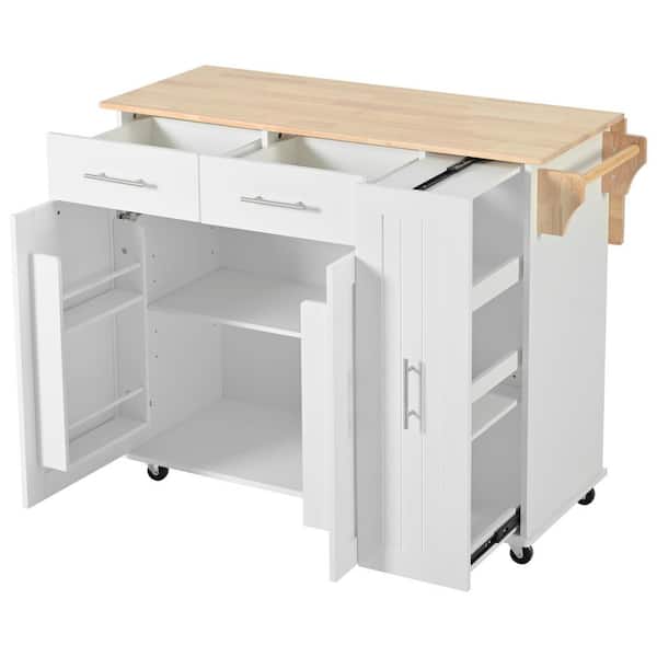 White Rubber Wood Top 46 in. Rolling Kitchen Island Cart with 3 Tier Pull Out Cabinet Organizer and 2 Drawers