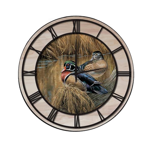 Unbranded "Back Waters Wood Duck" Woodgrain Accent and Black Numbers Imaged Wall Clock