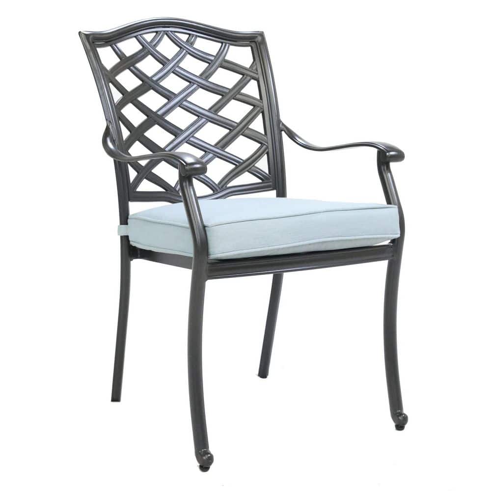 Mondawe Black Aluminum Elegant Metal Patio Outdoor Dining Chair with Light Blue Cushion for