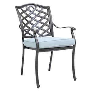 Black Aluminum Elegant Metal Patio Outdoor Dining Chair with Light Blue Cushion for Garden, Yard(2-Pack)