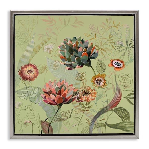 Traditional Vintage Foliage by Dusza Gray Floater Frame Nature Graphic Art Print 25 in. x 25 in.