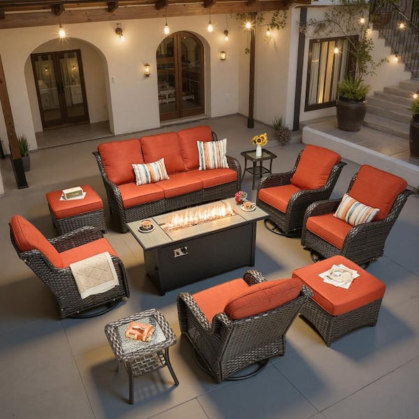 Nerium C 10-Piece Wicker Outdoor Patio 54" Fire Pit Conversation Set with Swivel Rocking Chairs and Orange Red Cushions