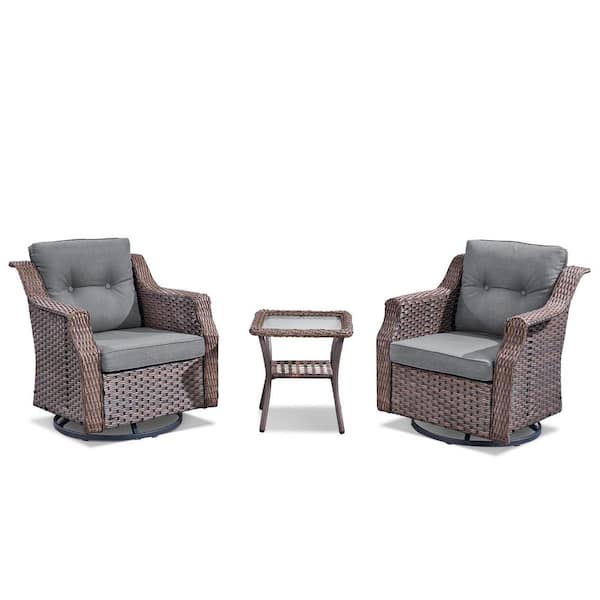 3-Piece Wicker Swivel Patio Conversation Set, Swivel Chairs and Side Table with Gray Cushions