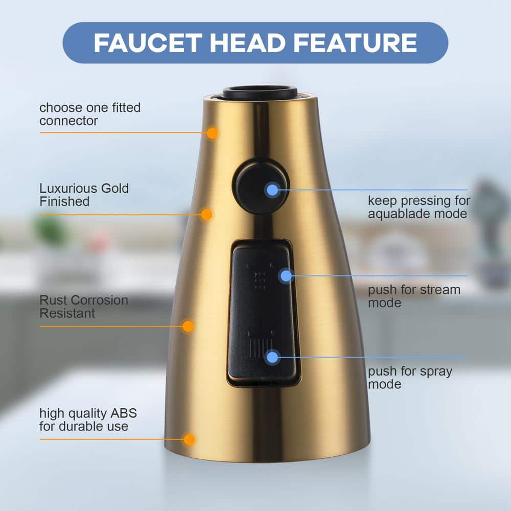 Gold 3-Function Kitchen Faucet Spray Head with 9 Adapters
