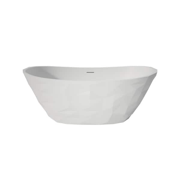 64.17 in. x 33.46 in. Oval Solid Surface Stone Flatbottom Freestanding Soaking Bathtub with Center Drain in White