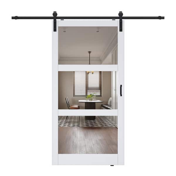 ARK DESIGN 42 in. x 84 in. 3-Lite Mirrored Glass White Finished Composite MDF Barn Door Slab with Hardware Kit