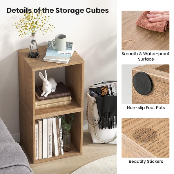 Costway 2 Pcs Wood Stackable Storage Cube 2-Tier Narrow Bookshelf - See Details - Natural