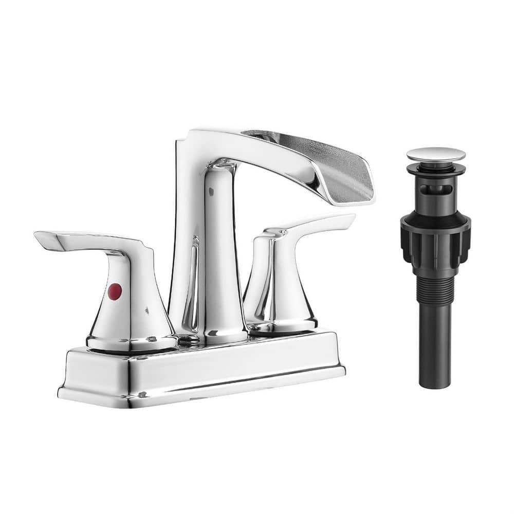 4 in. Centerset Double Handle Waterfall Bathroom Sink Faucet with Pop-up Drain Kit Brass Basin Taps in Polished Chrome price history on PriceWatchPro