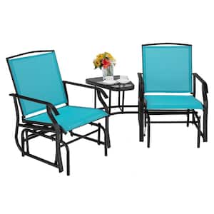 77 in. 2-Person Black Metal Outdoor Glider Double Swing Rocker Chair Glass Table Umbrella Hole Turquoise