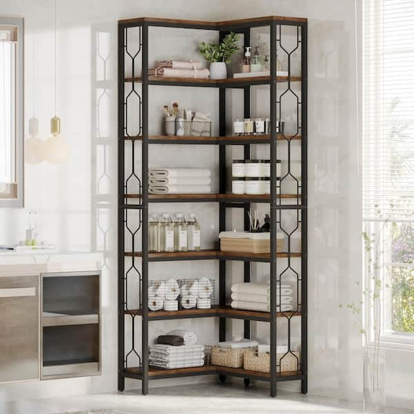 Frailey 23.6 in. Wide Rustic Brown 14-Shelf Corner Bookcase, 7-Tier Industrial Corner Shelf Freestanding Bookshelf