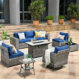Tahoe Grey 9-Piece Wicker Patio Rectangle Fire Pit Conversation Sofa Set with a Swivel Chair and Navy Blue Cushions