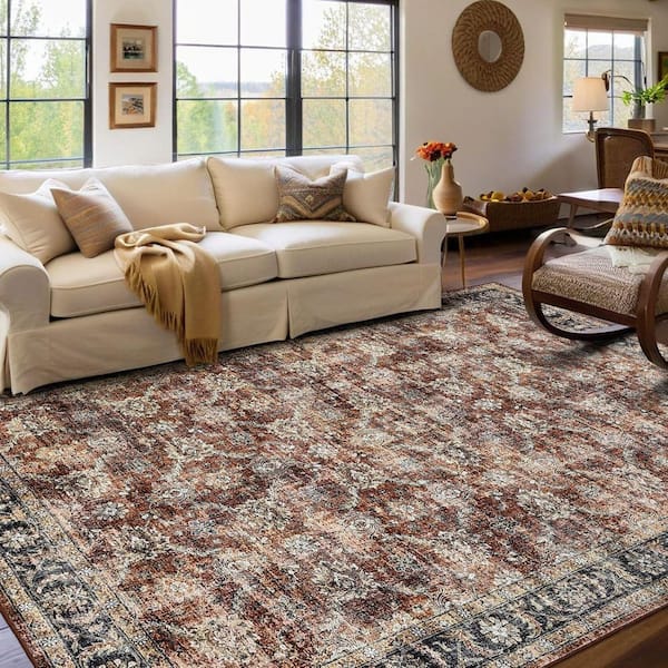 10 ft. x 13 ft. Red Oriental Antique Indoor Mat Washable Low Pile Non-Slip for Restaurant Office Farmhouse Area Rug