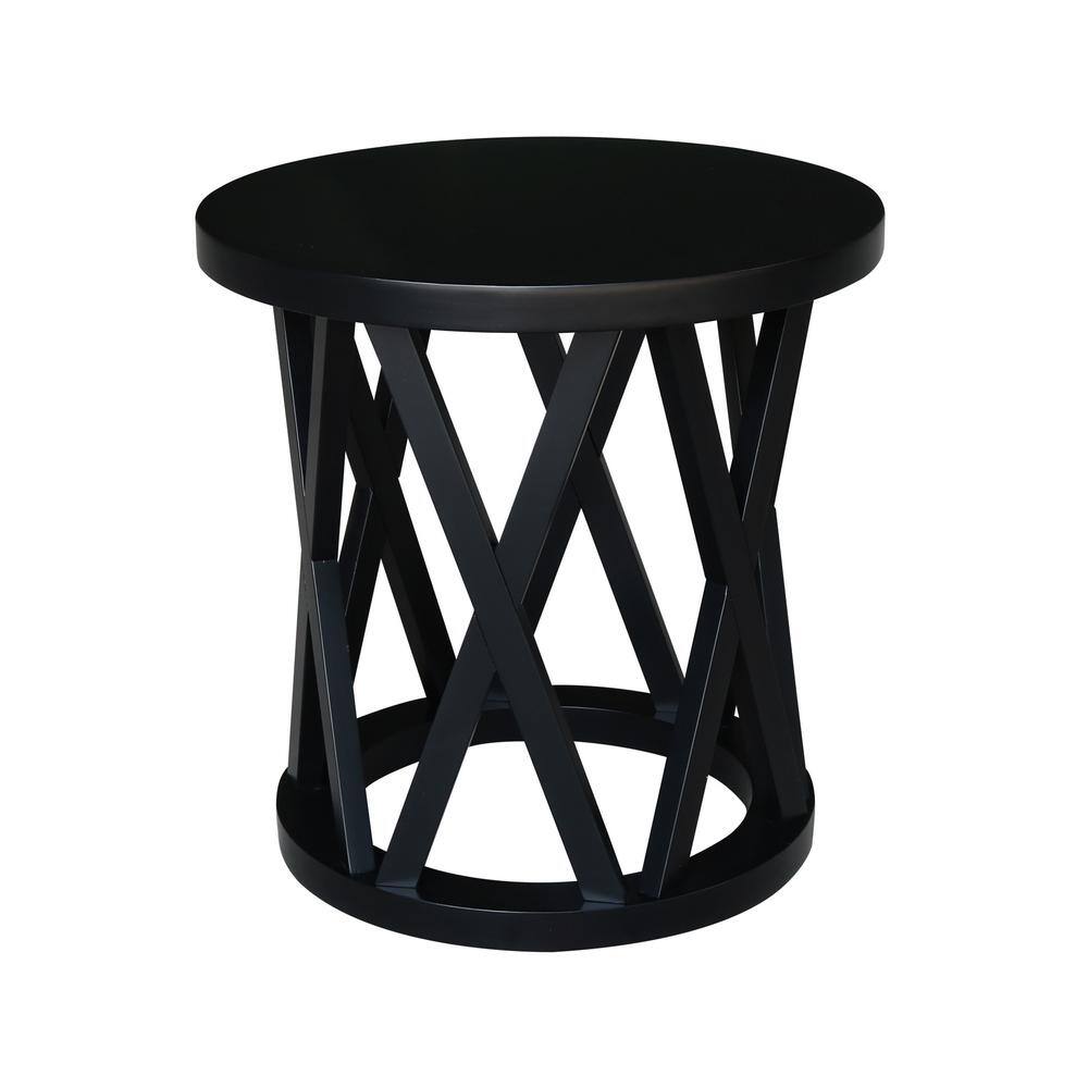 24" Black Solid Wood Round End Table with Geometric Base