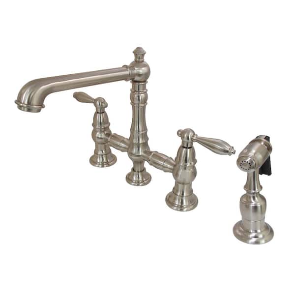Kingston Brass English Country 2-Handle Bridge Kitchen Faucet with Side Sprayer in Brushed Nickel